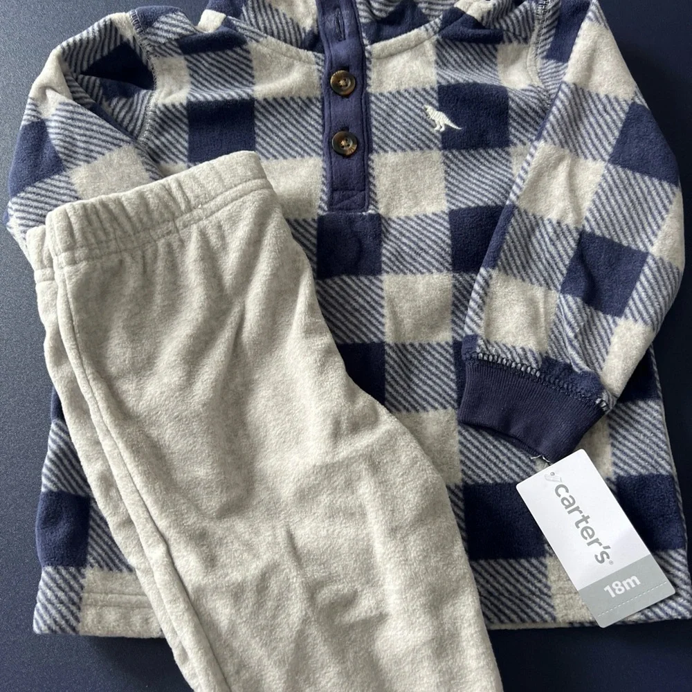 Carter's Baby Boys' 2-Piece Heather Plaid Fleece Pullover Top‎ & Pants Set 18M - Picture 3 of 9